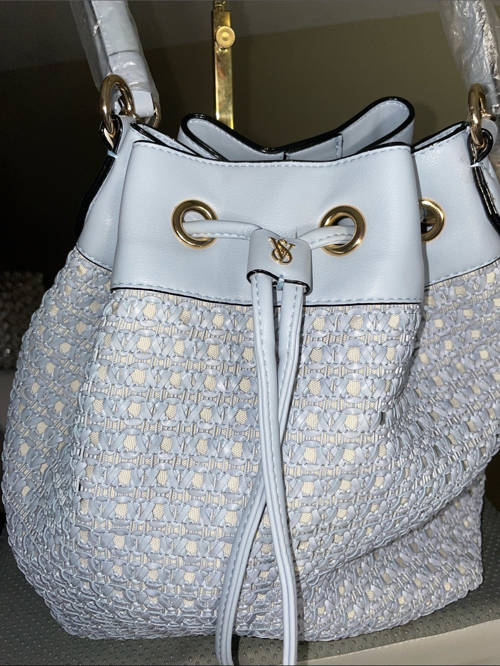 Victoria's Secret Light Blue Woven Drawstring Hobo with Gold Hardware